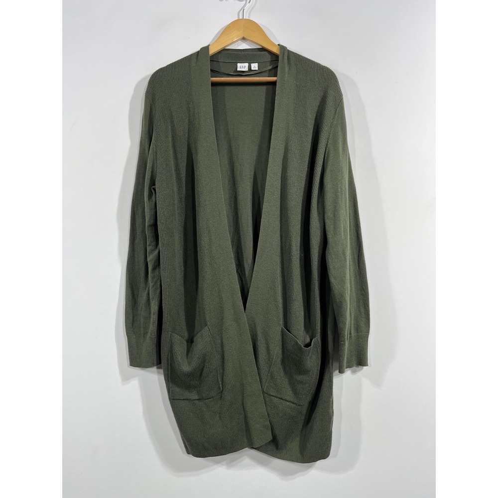 Gap Granola Olive Green Long Heritage Ribbed Knit Cardigan Sweater Women XL